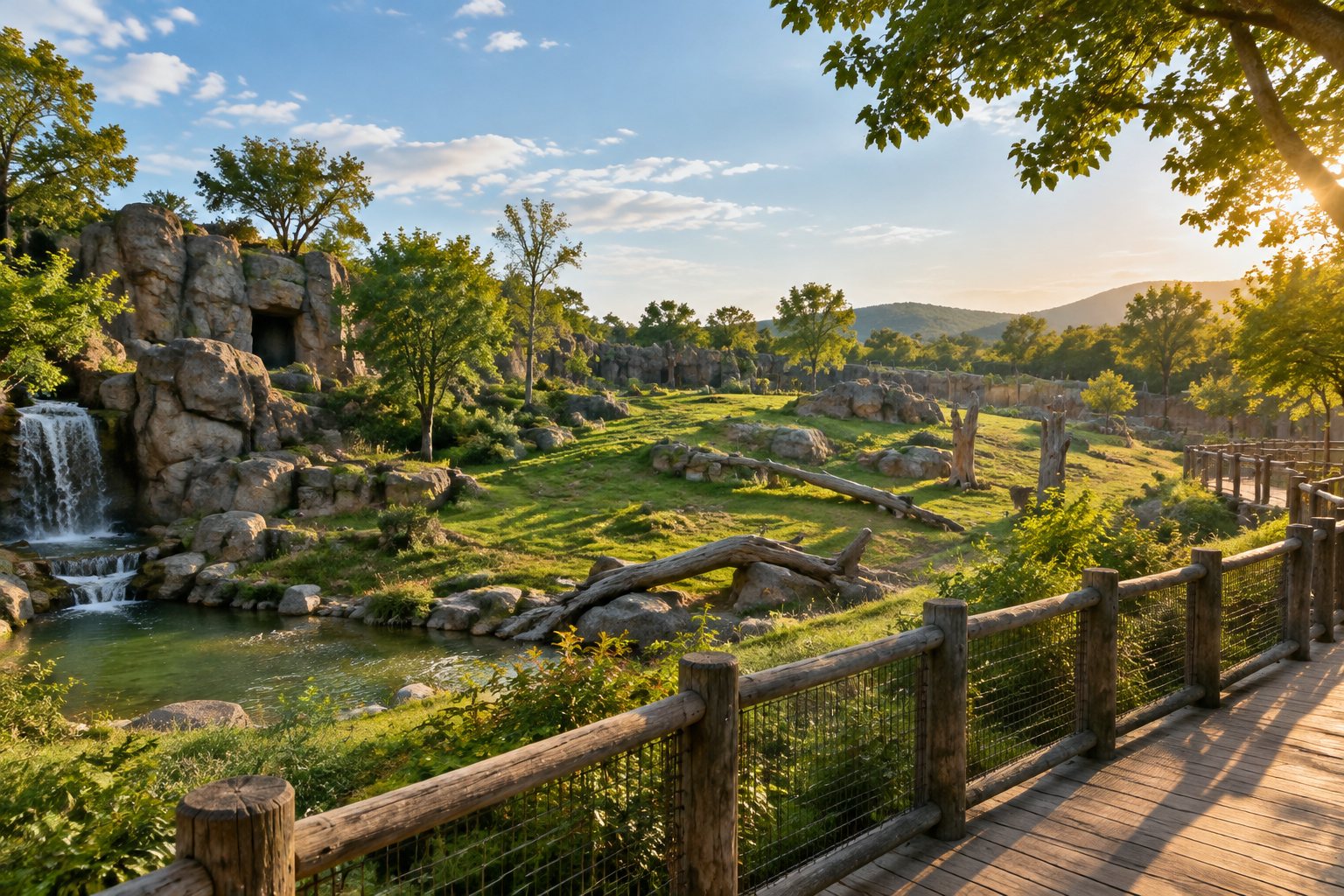 Wide hillside exhibit with rock outcrops and a wooden viewing boardwalk in soft golden light