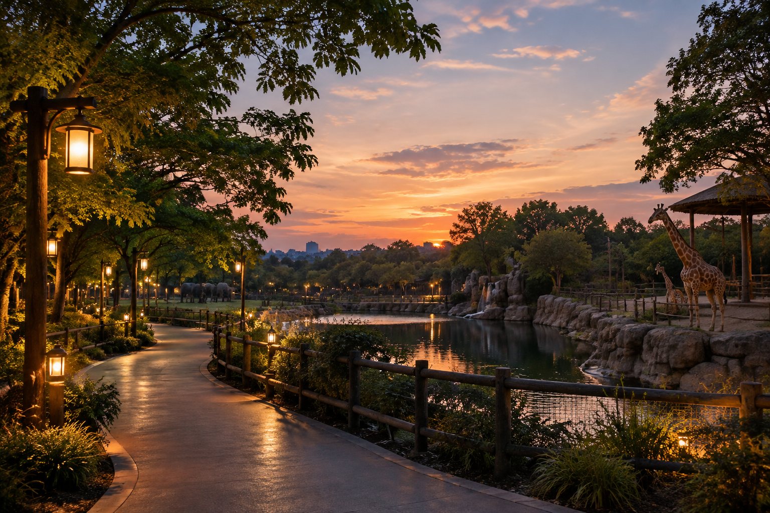 Wide tree-lined path at dusk with lanterns and calm evening light