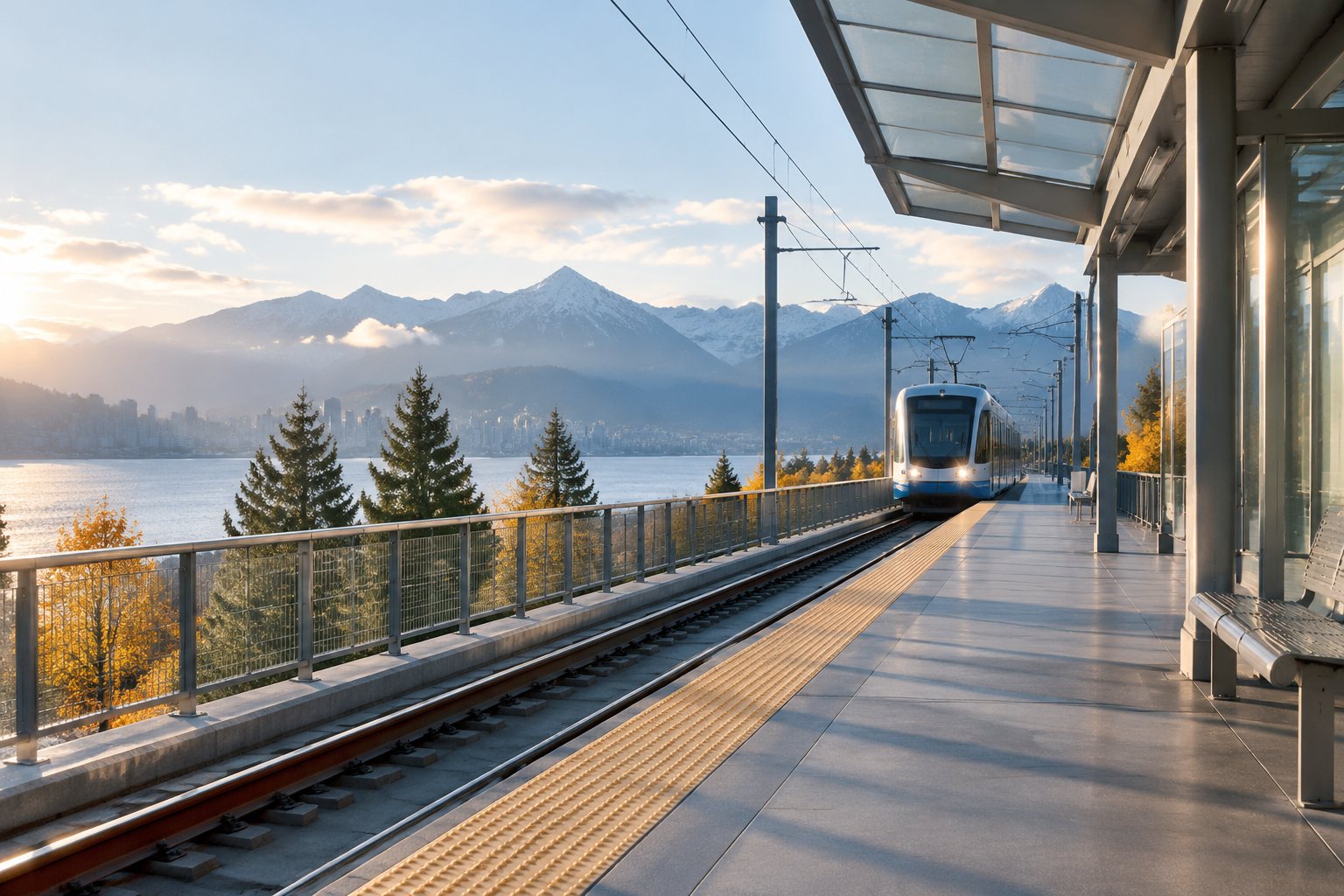 Quiet light-rail platform with a train approaching in the distance under soft morning light
