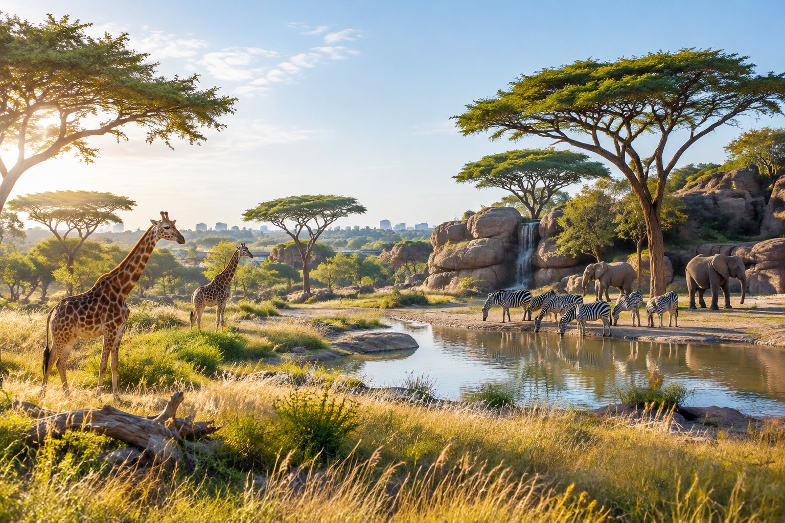 Sunlit African savanna style exhibit with acacia-style trees and golden grass