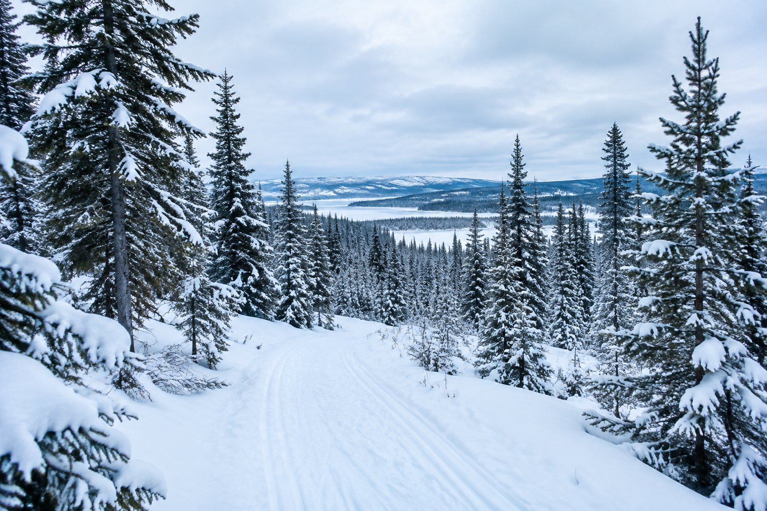 Snow-covered evergreen forest and pine trail under soft overcast light