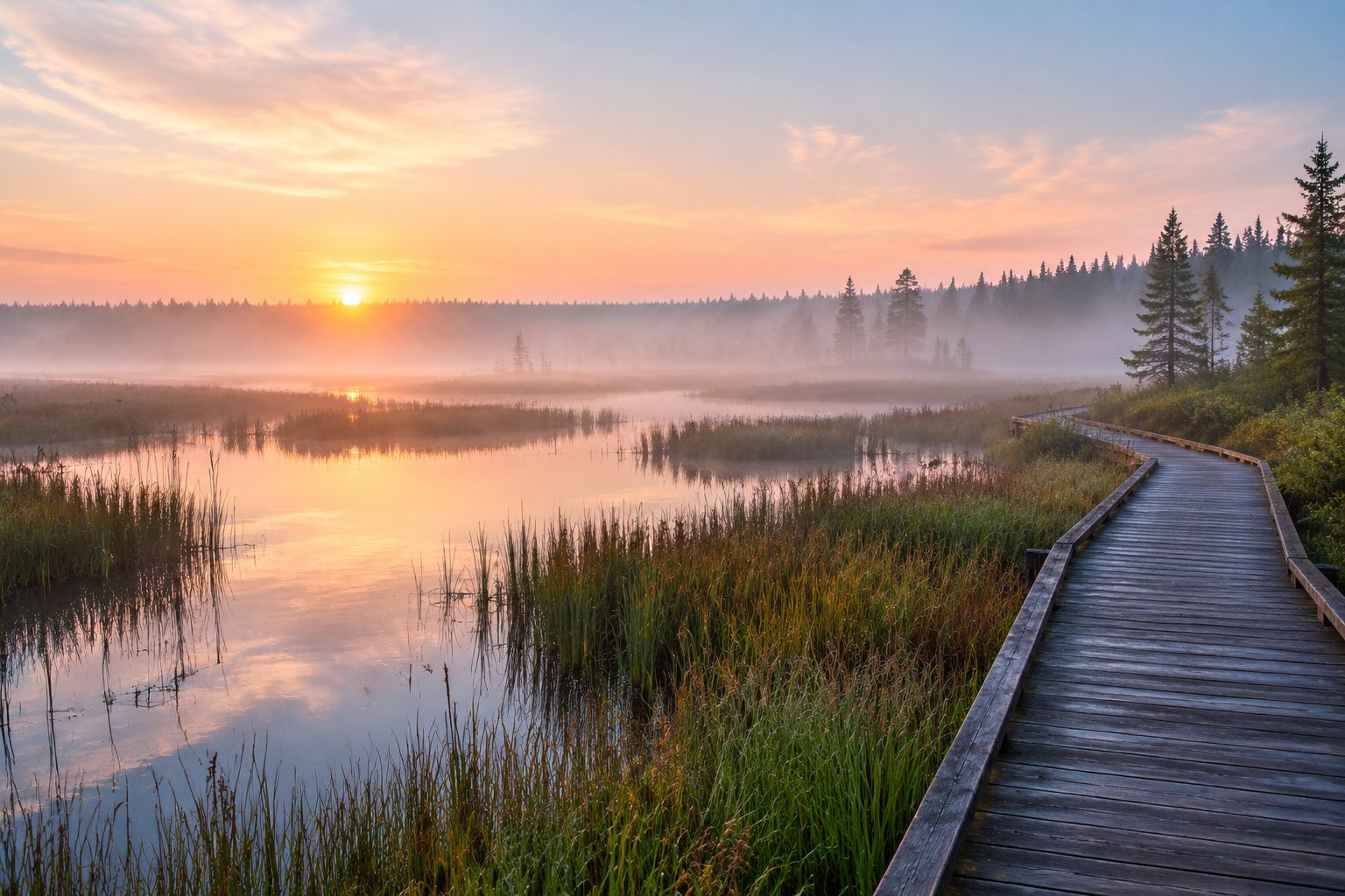 Misty wetland at dawn with reeds, still water and a wooden boardwalk