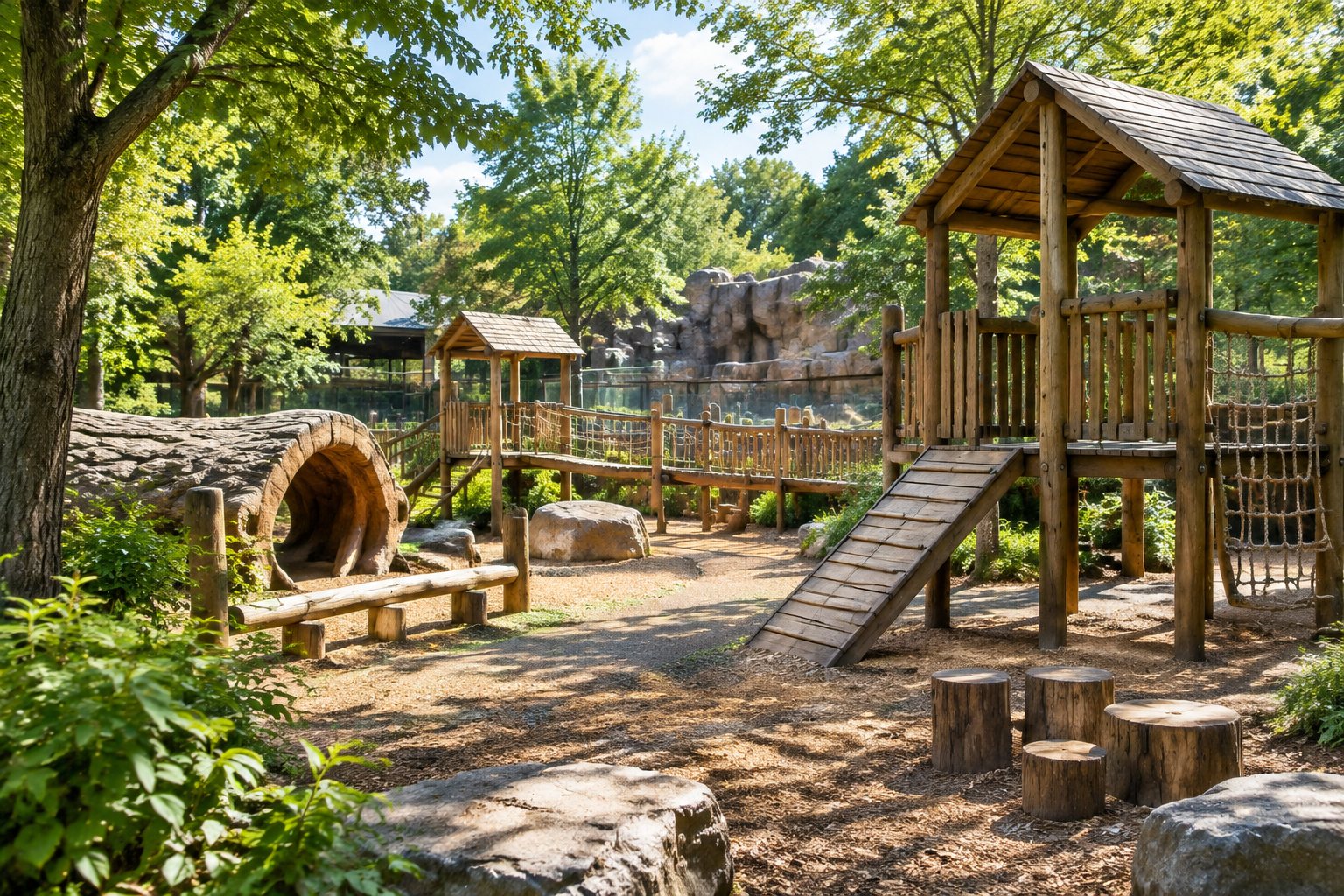 Shaded wooden play structures among trees in a bright outdoor zoo play area