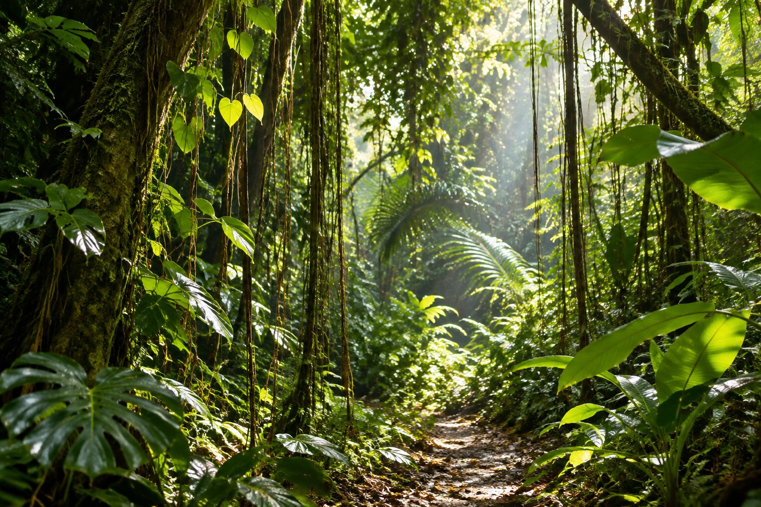 Sunlit tropical rainforest canopy with hanging vines and a dappled walking path