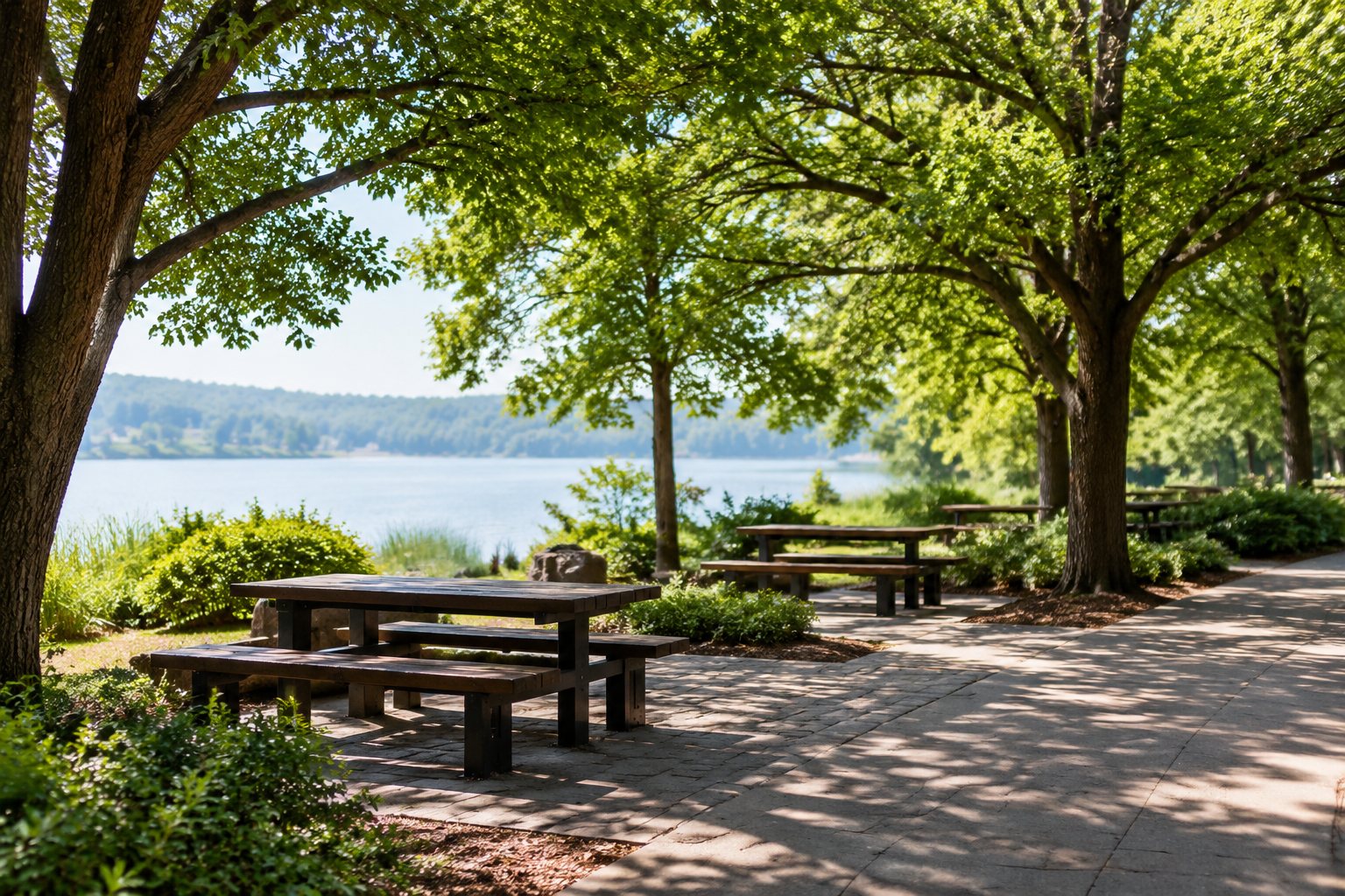 Shaded picnic area under mature trees with benches beside a paved walkway