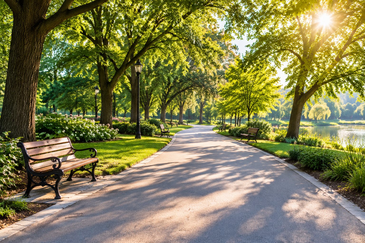Wide smooth paved path through a park with benches and sunlight through trees