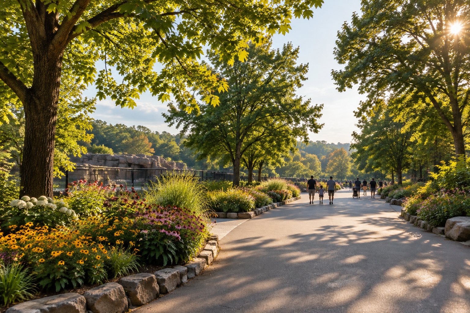 Wide naturalistic savanna-style exhibit with rock outcrops and a wooden viewing boardwalk in golden light